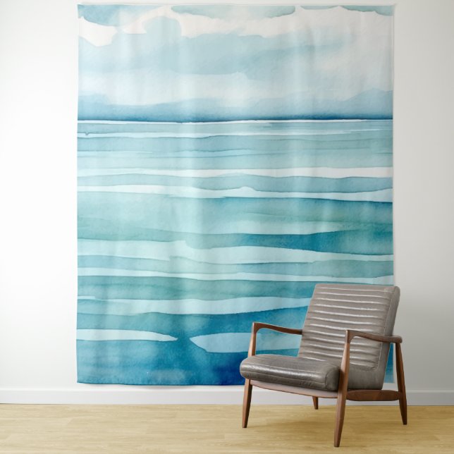 Watercolor Painted Blue Water Ocean Sky Scene Tapestry (In Situ)