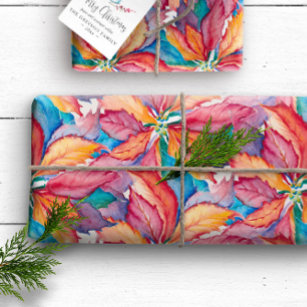 Watercolor Painted Botanical Poinsettia Christmas Wrapping Paper