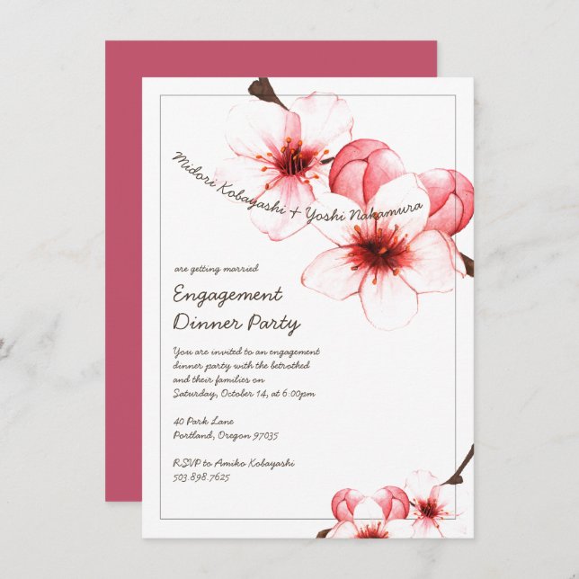 Watercolor Painted Cherry Blossom Engagement Party Invitation (Front/Back)
