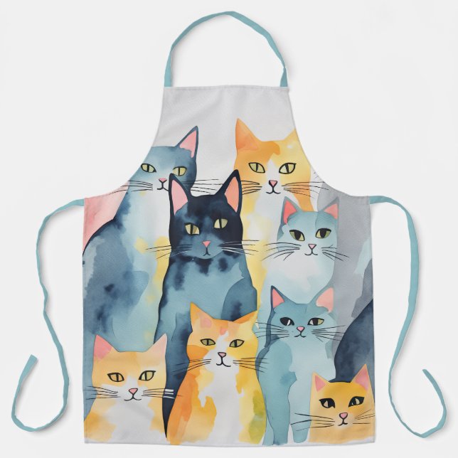 Watercolor Painted Colourful Cat Collage Apron (Front)