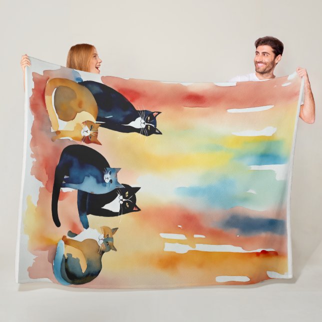 Watercolor Painted Colourful Cat Collage Fleece Blanket (In Situ)