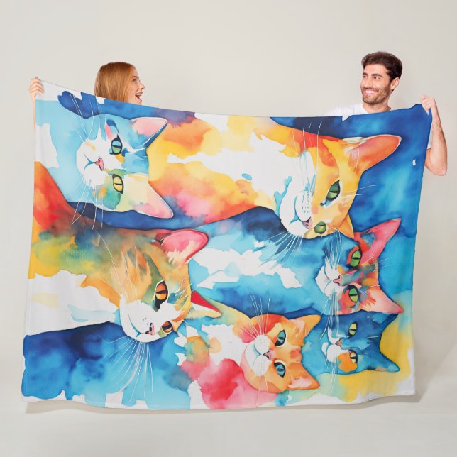 Watercolor Painted Colourful Cat Collage Fleece Blanket (In Situ)