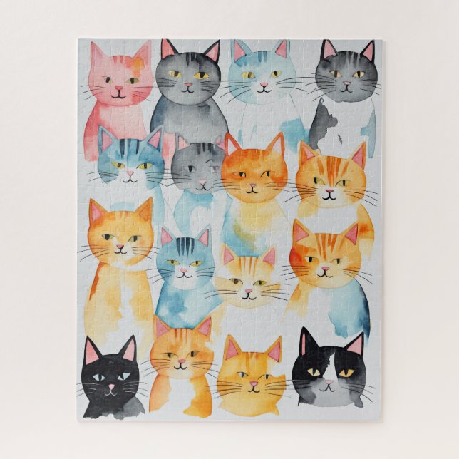 Watercolor Painted Colourful Cat Collage Jigsaw Puzzle (Vertical)