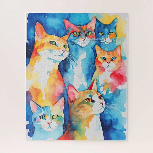 Watercolor Painted Colourful Cat Collage Jigsaw Puzzle (Vertical)
