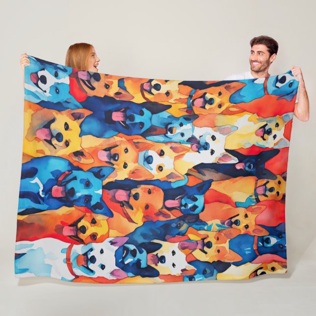 Watercolor Painted Dog Collage Fleece Blanket (In Situ)