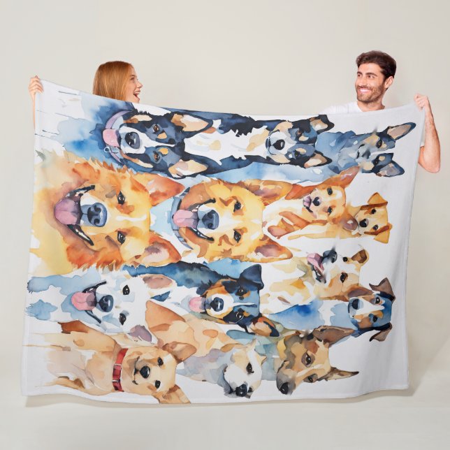 Watercolor Painted Dog Collage Fleece Blanket (In Situ)