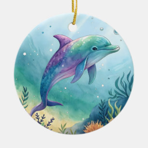Watercolor painted dolphin ceramic tree decoration