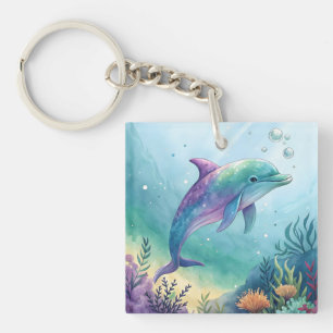 Watercolor painted dolphin key ring