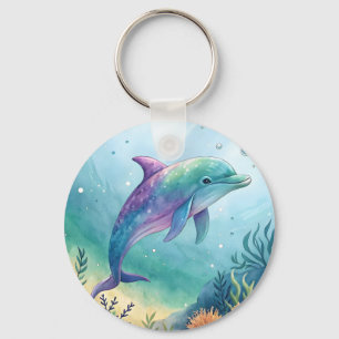 Watercolor painted dolphin key ring