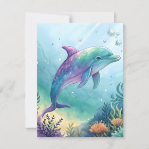 Watercolor painted dolphin postcard
