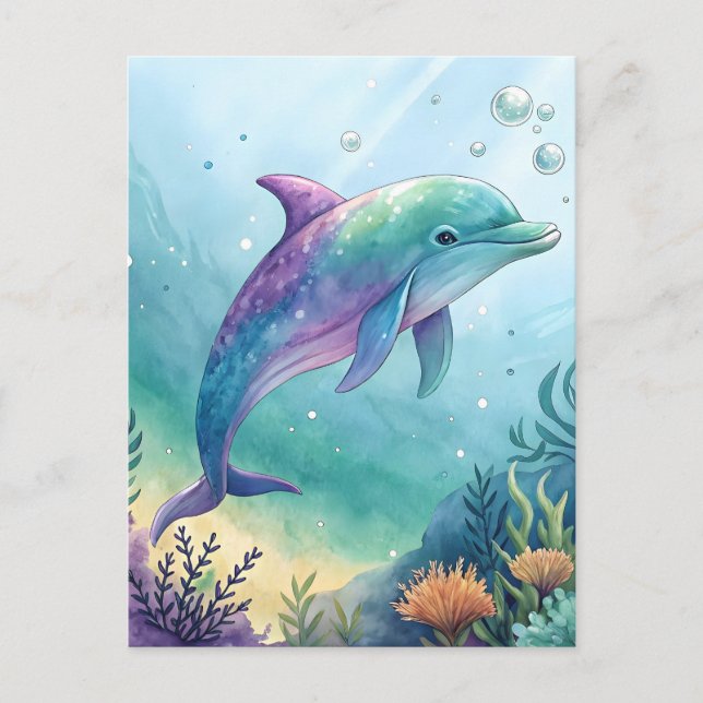 Watercolor painted dolphin postcard (Front)