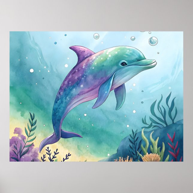 Watercolor painted dolphin poster (Front)