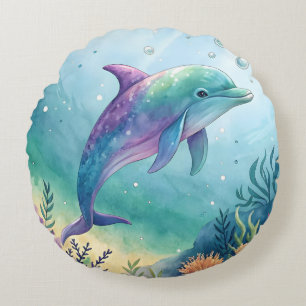 Watercolor painted dolphin round cushion