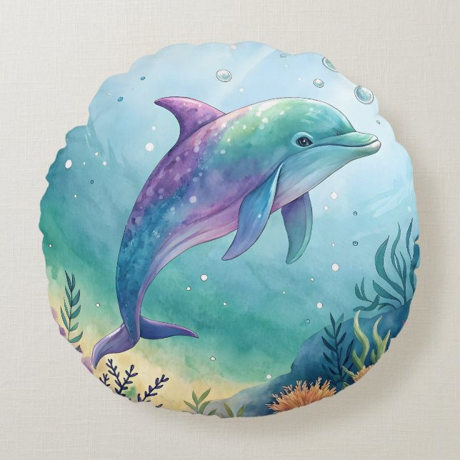 Watercolor painted dolphin round cushion (Front)