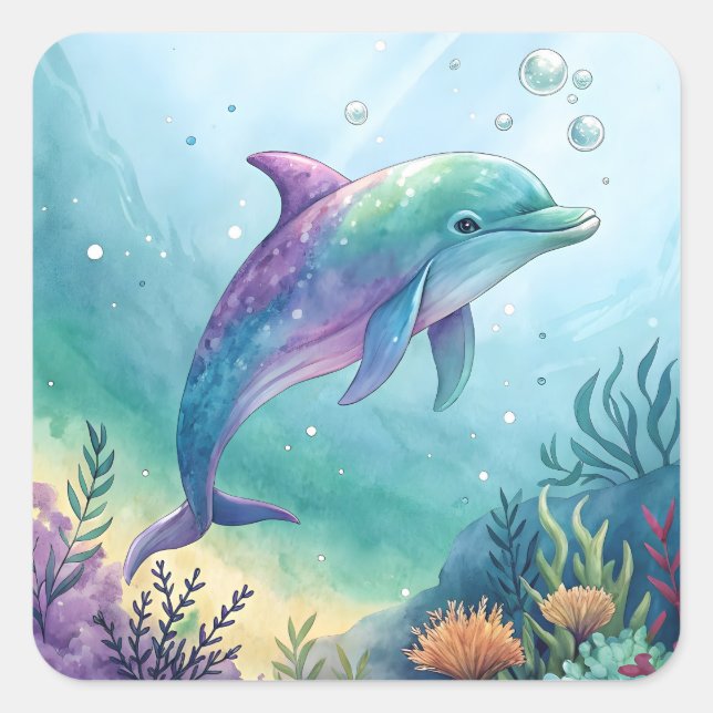 Watercolor painted dolphin square sticker (Front)