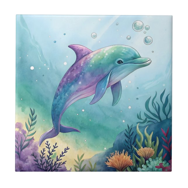 Watercolor painted dolphin tile (Front)