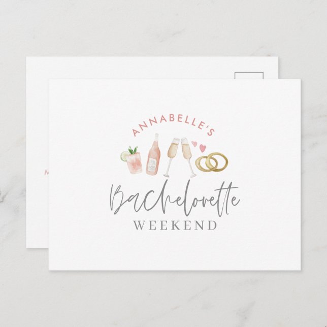 watercolor painted drinks bachelorette weekend inv invitation postcard (Front/Back)