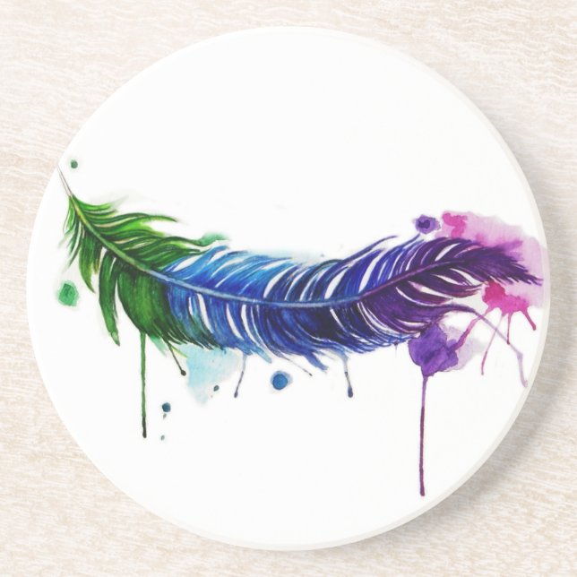 Watercolor Painted Feather Coaster (Front)