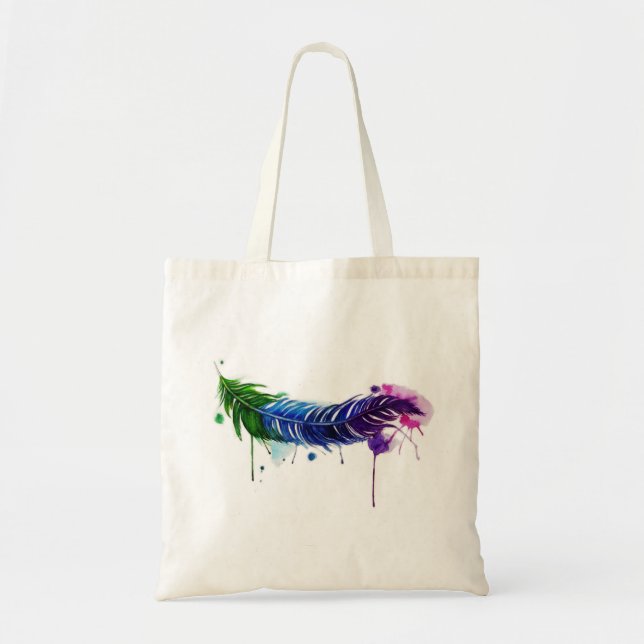 Watercolor Painted Feather Tote Bag (Front)
