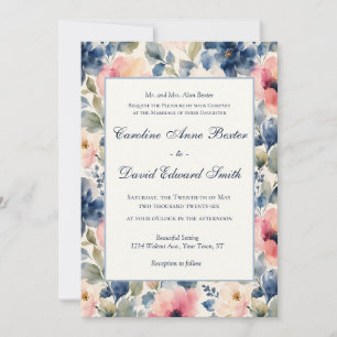 Watercolor Painted Flowers Pink Blue Green Wedding Invitation
