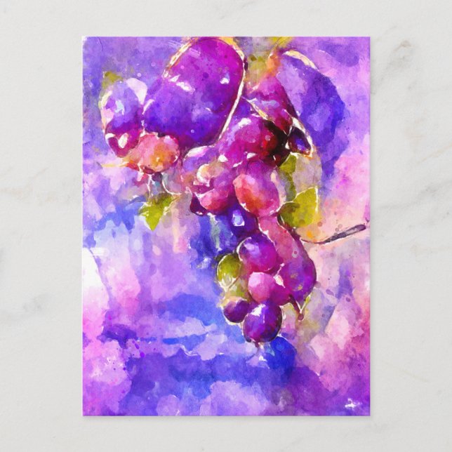 watercolor. Painted grapes in blue and purple. Postcard (Front)