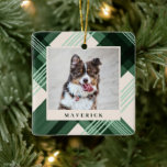 Watercolor Painted Green Plaid Pet Photo Christmas Ceramic Ornament<br><div class="desc">Celebrate your furry family member with these stylish photo Christmas ornaments. They feature a hand painted diagonal plaid design in the background,  along with photo and text templates for simple personalisation! The back contains the same plaid design,  as well as a text template for the year.</div>