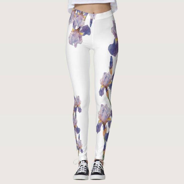 Watercolor Painted Iris Flower Leggings (Front)