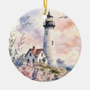 Watercolor Painted Lighthouse Ceramic Tree Decoration