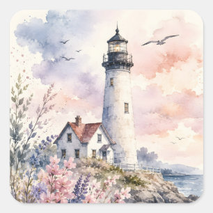 Watercolor Painted Lighthouse Square Sticker