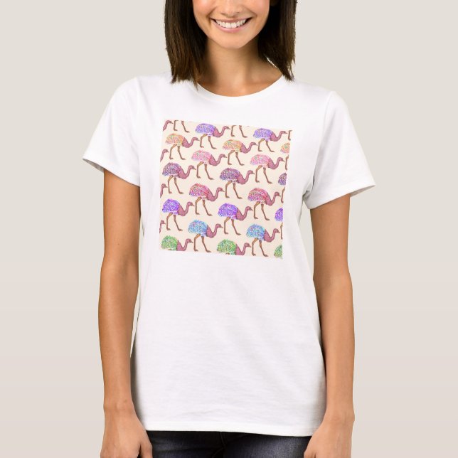 Watercolor Painted Ostrich Pattern T-Shirt (Front)