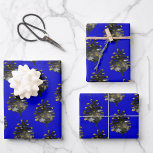 Watercolor Painted Pine Cones On Deep Cobalt Blue Wrapping Paper Sheet