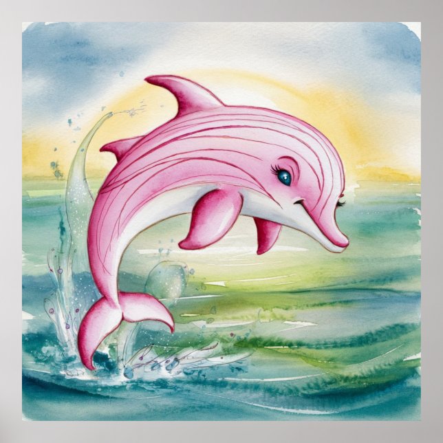 Watercolor painted pink dolphin poster (Front)