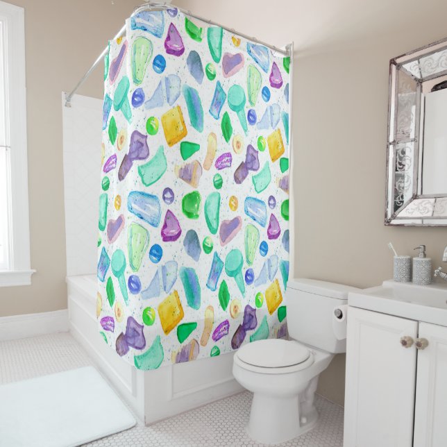 Watercolor Painted Sea Glass Shower Curtain (In Situ)