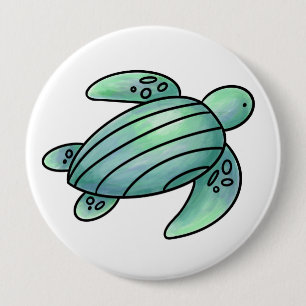 watercolor painted sea turtle cartoon blue green 10 cm round badge
