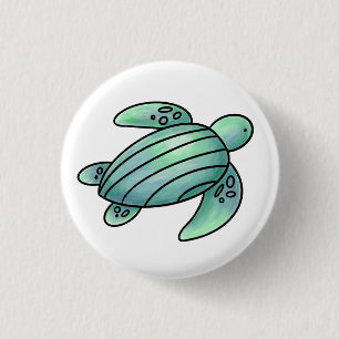 watercolor painted sea turtle cartoon blue green 3 cm round badge