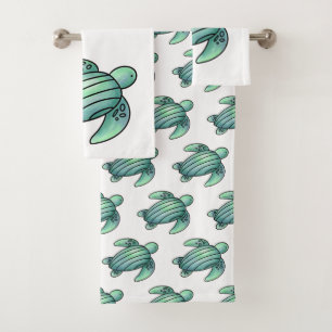 watercolor painted sea turtle cartoon blue green bath towel set