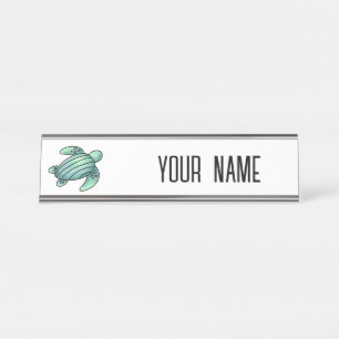 watercolor painted sea turtle cartoon blue green desk name plate