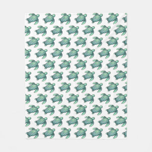 watercolor painted sea turtle cartoon blue green fleece blanket