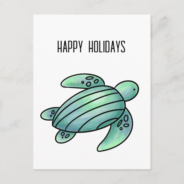 watercolor painted sea turtle cartoon blue green  holiday postcard (Front)