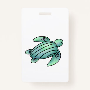 watercolor painted sea turtle cartoon blue green ID badge