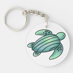 watercolor painted sea turtle cartoon blue green key ring