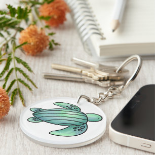 watercolor painted sea turtle cartoon blue green key ring