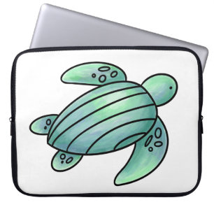 watercolor painted sea turtle cartoon blue green  laptop sleeve