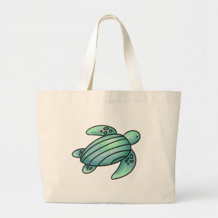 watercolor painted sea turtle cartoon blue green large tote bag