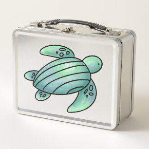 watercolor painted sea turtle cartoon blue green  metal lunch box