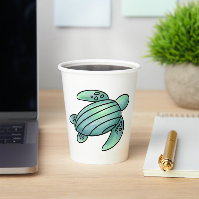 watercolor painted sea turtle cartoon blue green  paper cups (Insitu)