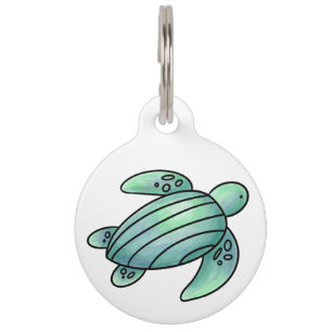 watercolor painted sea turtle cartoon blue green pet tag