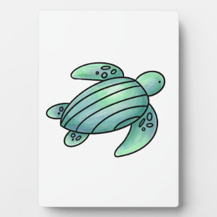 watercolor painted sea turtle cartoon blue green plaque