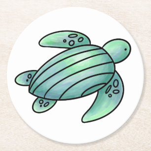 watercolor painted sea turtle cartoon blue green round paper coaster