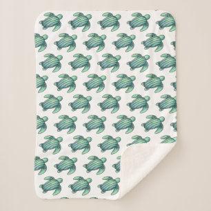 watercolor painted sea turtle cartoon blue green  sherpa blanket